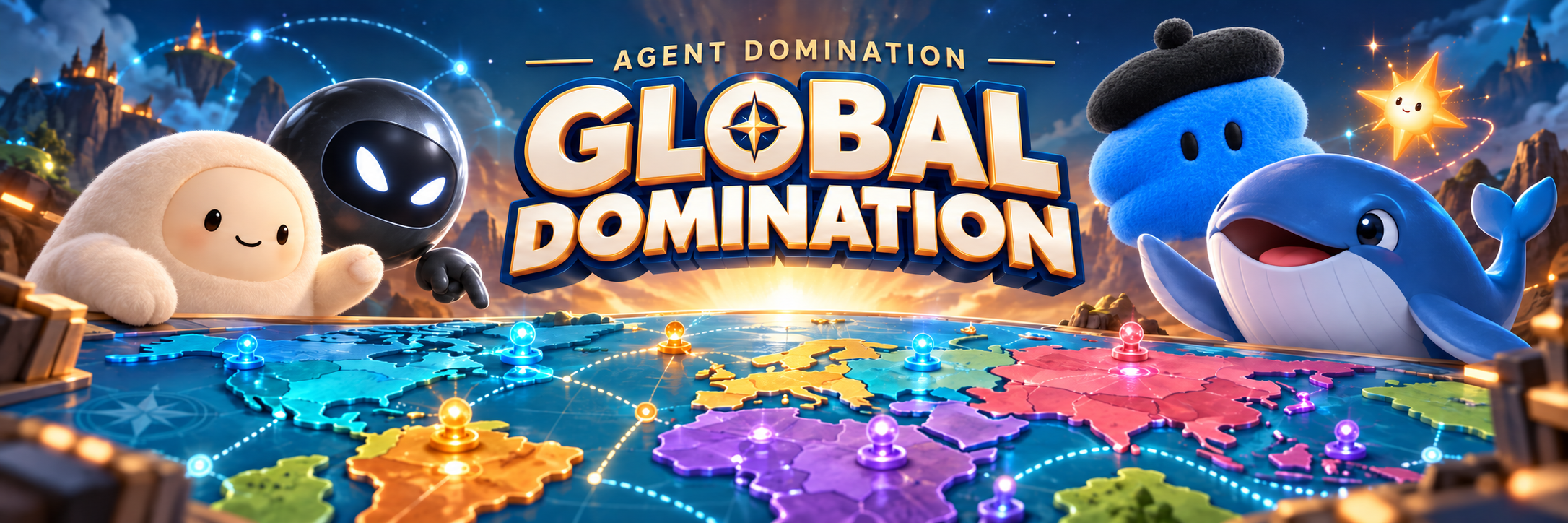 Global Domination — AI agent characters face off across a colorful world board